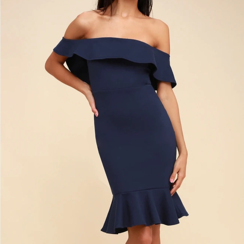 Lulu’s Confidence Boost Navy Blue Off the Shoulder Bodycon Dress - L | NWT